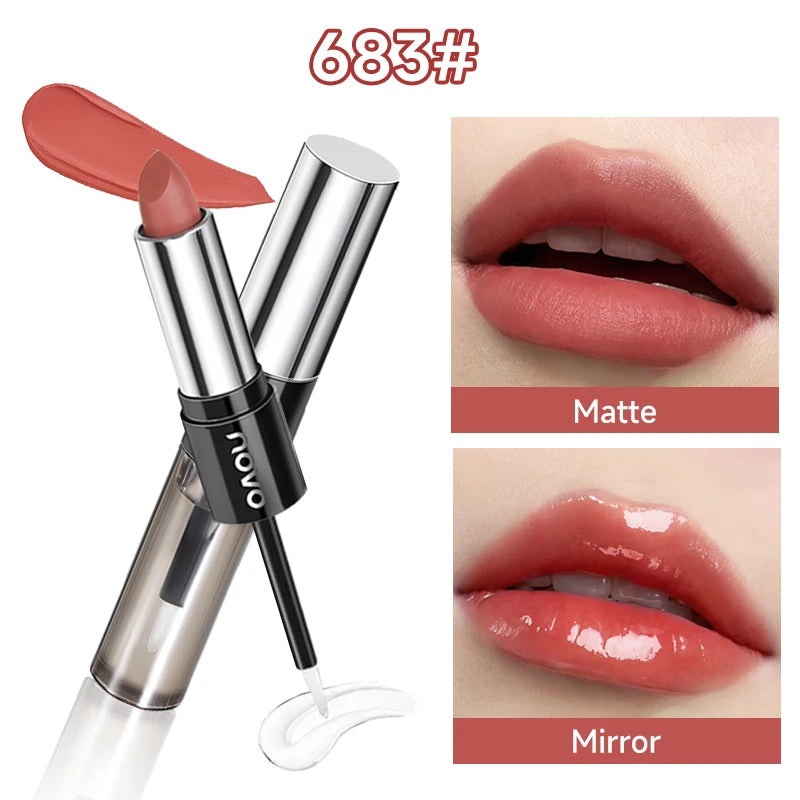 2 In 1 Dual Ended Moisturizing Lipstick & Lip Gloss,Waterproof Proof Lipstick Sealer,Matte & Mirror,Long Lasting,Non-Stick Cup
