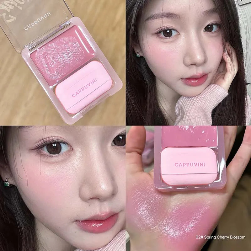 Orange Pink Blusher Plate with Puff Water Gloss Blush Cream Makeup Lasting Moisturizing Cheek Tint Rouge Portable Blush Cosmetic