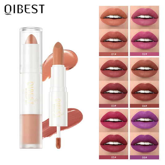 QIBEST 10 Colors 2 in 1 Matte Lipstick Lip Gloss Cosmetics Waterproof Double Head Red Purple Lipstick Long Lasting Lips Makeup
