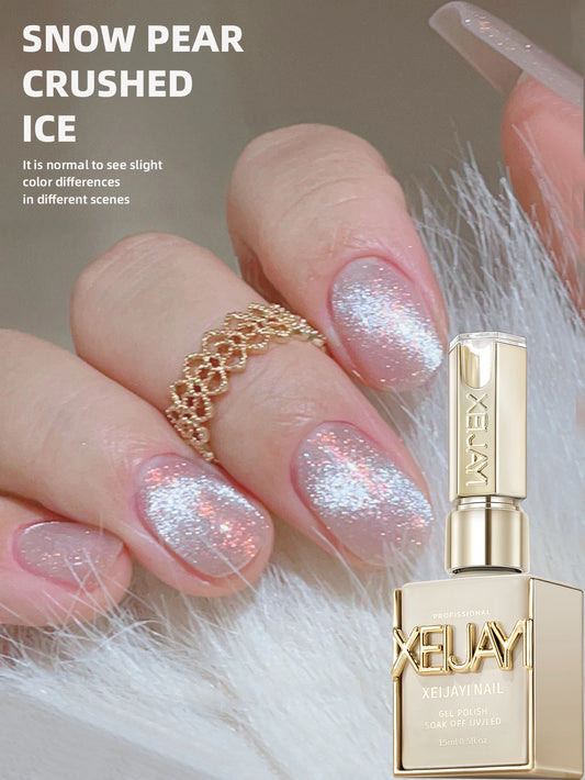 15ml Snow Pear Crushed Ice Cat Eye Gel Nail Polish, Shiny Bubble-Free UV/LED Quick-Drying Gel Suitable For Nail Art DIY Design