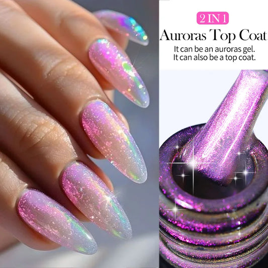 LILYCUTE 7ML 2 IN 1 Auroras Top Coat Glitter Pink Purple Auroras Laser Gel Nail Polish DIY Semi Permanent Soak Off Nail Art