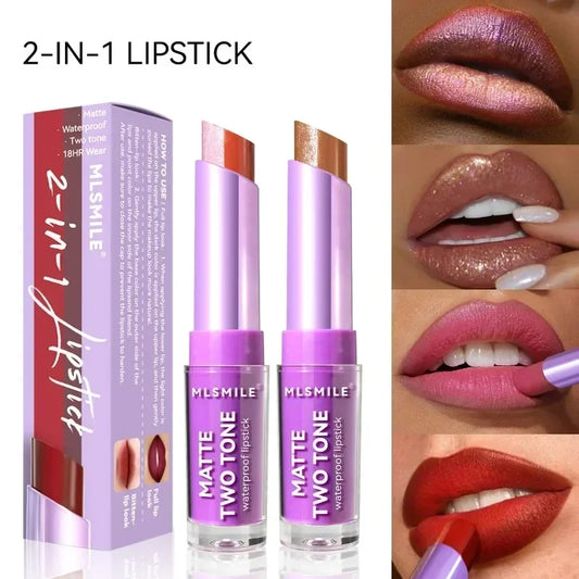 2 in 1 Matte Two Tone Waterproof Lipstick Long-lasting High-Pigment Color Lipliner Lipsticks Bitten-lip Gradual Change Lip Color