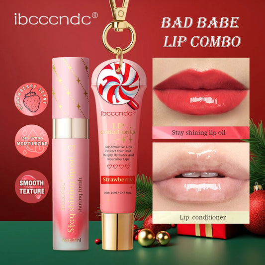 Lip Combo 2pcs Strawberry Moisturizing Lip Gloss&Lip Oil Nourishing Liquid Balm Christmas Makeup Gift Set for Women Lip Gloss