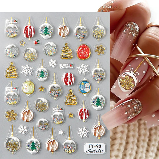 3D Winter Snowflakes Snow Globe Nail Sticker Cute Christmas Snowman Gold Star Nail Art Decals 5D Stickers Decorations Manicure
