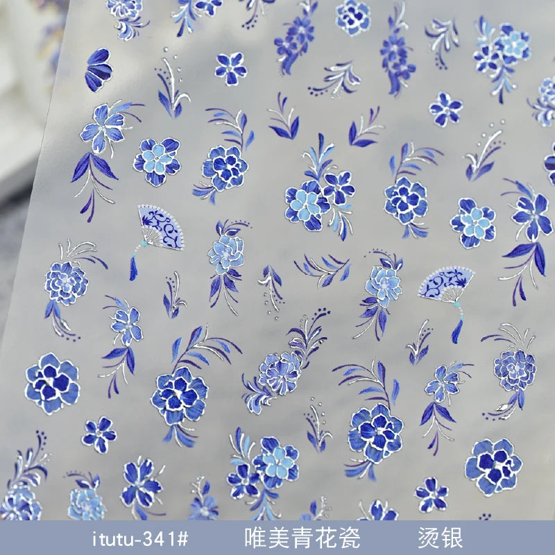 Japanese Vintage Red & Blue Rose Flower Laser Gold Silver Nail Stickers Nail Art Decal Design Manicure Tool High Quality