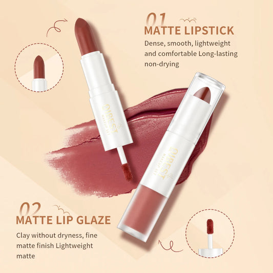 QIBEST 2 In 1 Matte Lipstick Lip Gloss Makeup Double Head Lip Satin Sexy Red Purple Lipgloss Long Lasting Lip Tint Makeup