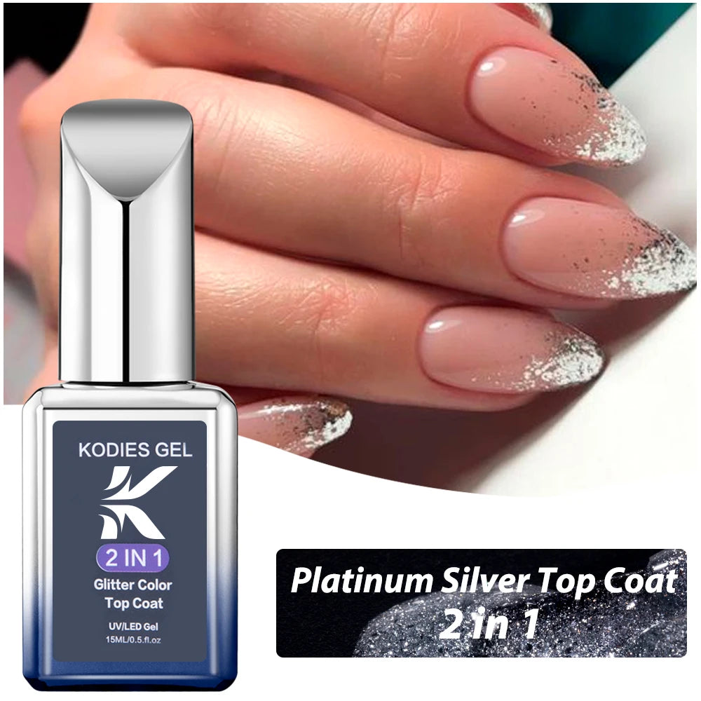 KODIES GEL Glitter Top Coat Gel Nail Polish 2 In 1 Semi Permanent UV Stars Moon Halo Top Coat No Wipe Manicure Nail Art Sealer