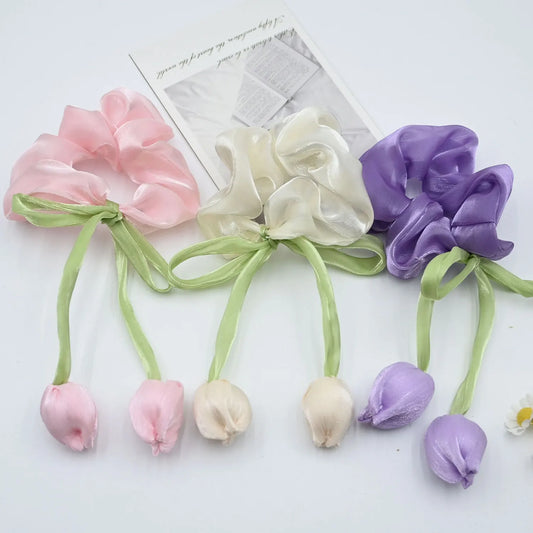 3PCS Tulip Flower Scrunchies - Sweet Elastic Hair Rings for Women, Large-sized High-end Hair Ropes and Hair Accessories