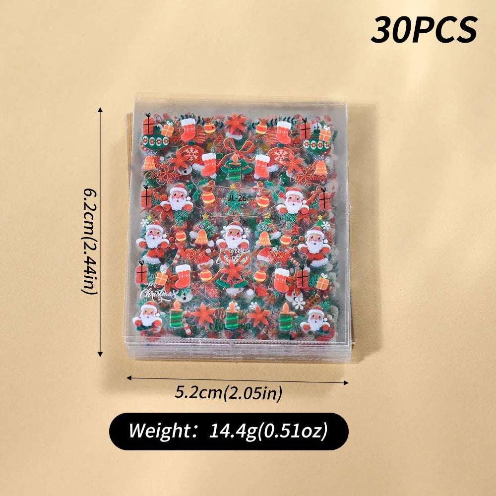 30Pcs Christmas Santa Claus 3D Nail Art Stickers Glitter Cartoon Snowflakes/Snowman/Pine Winter Sliders Xmas DIY Manicure Decals