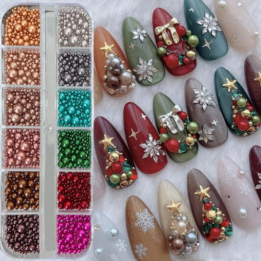 12Grids Christmas Red/Green Pearl Nail Rhinestone Mixed Size Pearlescent Colorful Beads Nali Charms Christmas Manicure Jewelry A