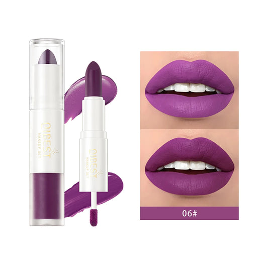 QIBEST 2 In 1 Matte Lipstick Lip Gloss Makeup Double Head Lip Satin Sexy Red Purple Lipgloss Long Lasting Lip Tint Makeup