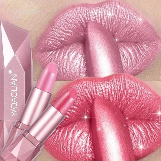 Diamond Nude Rose Pink Lipstick Waterproof Long Lasting Pearlescent Glitter Velvet Lipstick Golden Sparkle Metallic Lips Makeup