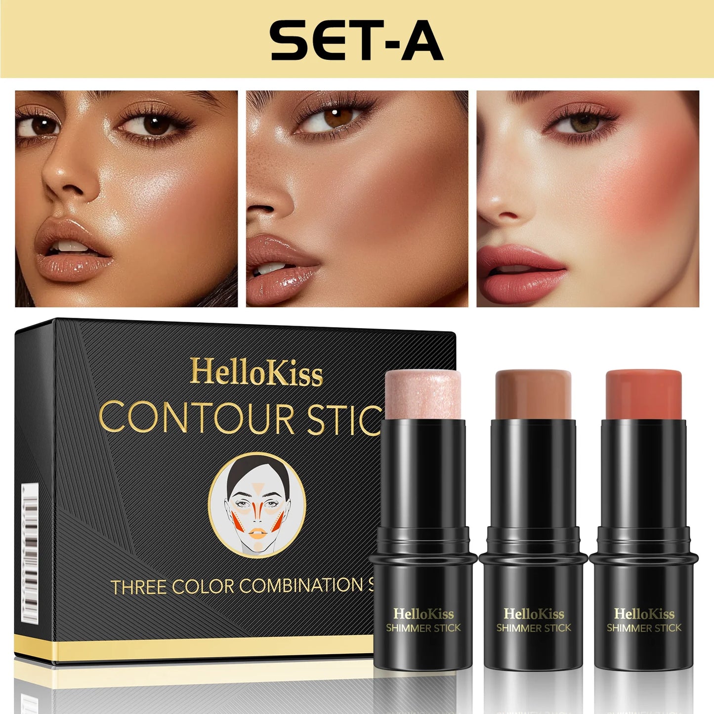 4pcs Contour Stick, Highlighter Stick, Blush Stick 4pcs Cream Contour Kit with Contour Brush, Create Face Contour, Non-greasy