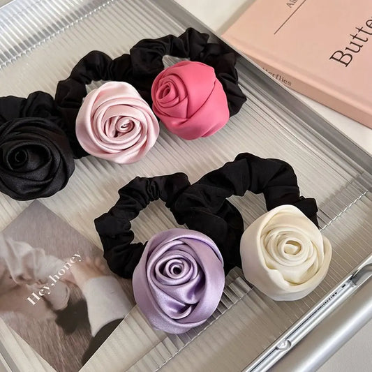 Sweet Flower Rose Hair Rope Hair Tie Scrunchies Silk Satin Hair Rope Korean Style Headwear Elastic Hair Band Ponytail Holder