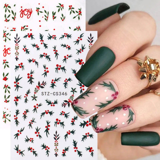 2pcs Christmas Holly Nail Art Stickers Xmas Flower Leaf Designs Jolly New Year Winter Adhesive Decals Sliders Decoration