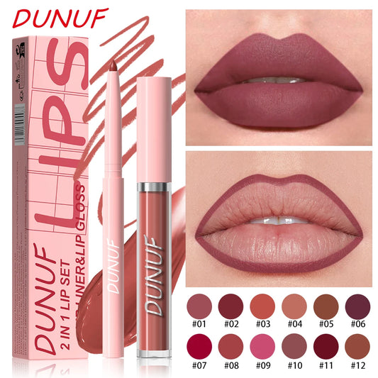 Matte Lip Gloss Lip Liner Set, 2pcs Waterproof Non-sticky Long-Lasting Lipstick, Nude Deep Red Mauve, Y2K Makeup Christmas Gift