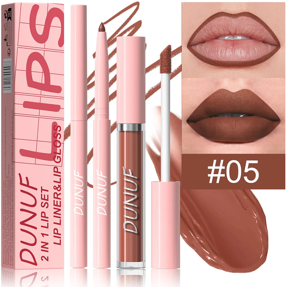 Matte Lip Gloss Lip Liner Set, 2pcs Waterproof Non-sticky Long-Lasting Lipstick, Nude Deep Red Mauve, Y2K Makeup Christmas Gift