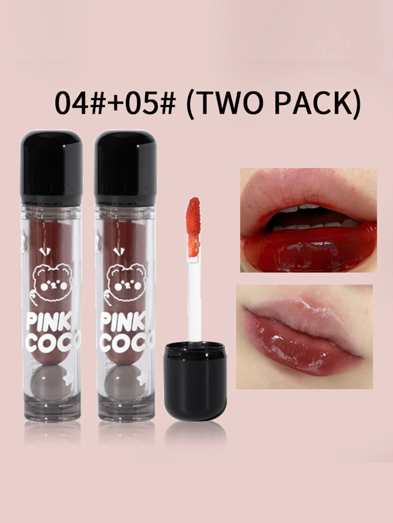 PINKCOCO Bear Doodle Mirror Lip Glaze — Long-Lasting Shiny Lip Gloss, Student-Friendly, Skin-Brightening Nude Lipstick