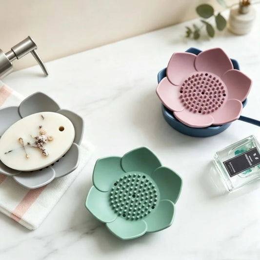 2Pcs Lotus Design Silicone Soap Holder with Drain, Drainage Soap Box, Portable Bathroom Shower Soap Storage Accessory
