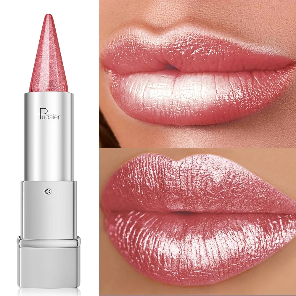 Waterproof Long Lasting Glitter Lipstick, Pearlescent Shiny Lip Color, Colorfast Non Fading Lip Makeup for Women