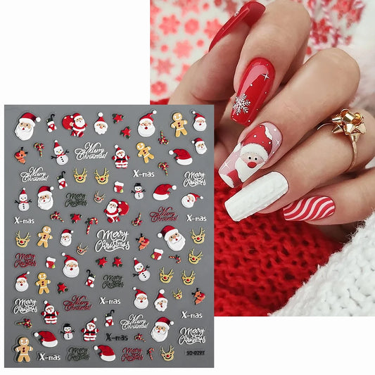 2pcs 5D Christmas Nail Stickers Waterfall Snowflakes Santa Claus Elk Gingerbread Nail Decals Embossed Winter Xmas Manicure Set