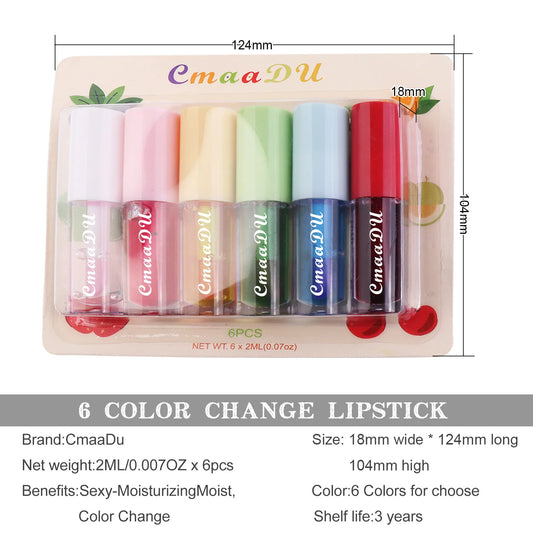 CmaaDu 6 Packs Fruit Mirror Color Changing Lipstick Lip Glaze Set Nourish Moisturize Brightening Protect Lips and Fade Lip Gloss