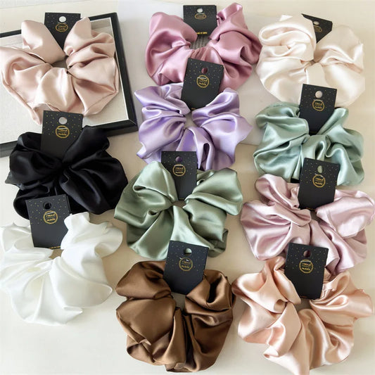 Satin Silk Like Hair Scrunchies Black Big Hair Ties For Girl Scrunchie Solid Color Hair Accessories Scrunch Headbands For Women
