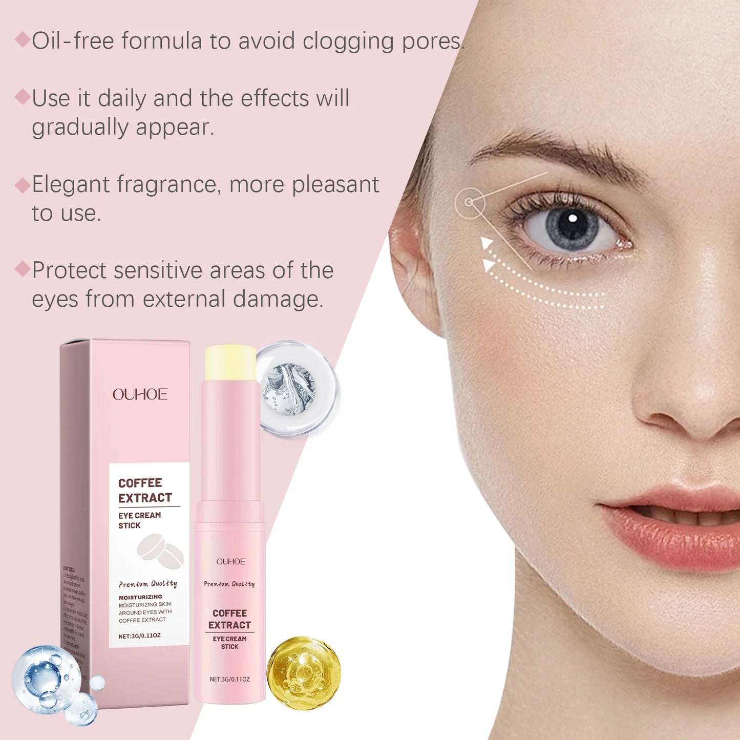 OUHOE Eye Cream Stick, Hyaluronic Acid, Tocopherol, Glycerin, Eye Area, Tightening and Moisturizing, 3.00g