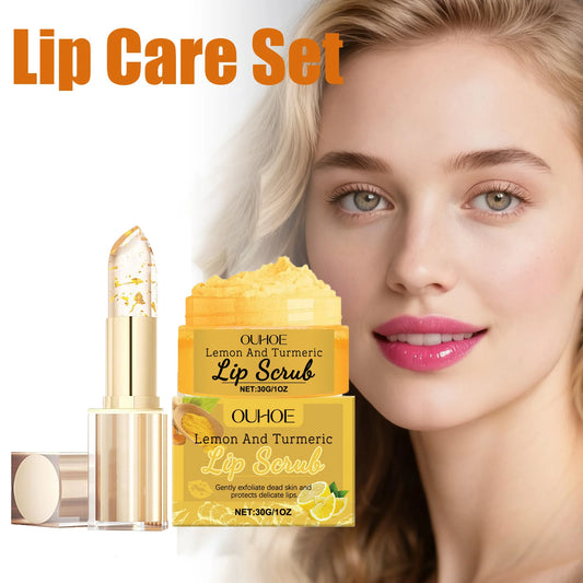 Lip Care Set Gold Foil Color Changing Lipstick PH Clear Turmeric Lemon Lip Scrub Exfoliating Moisturizing Nourishing Lip Kit
