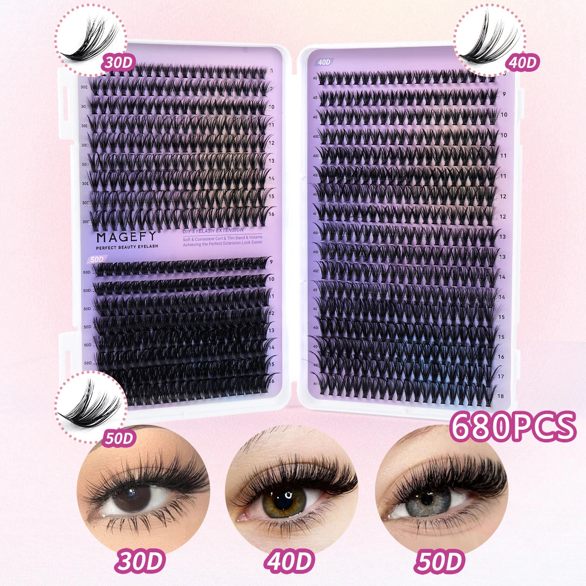 MAGEFY DIY Lashes Extensions Kit 800pcs Lash Clusters 80D/100D Wispy Individual Lashes Mix 9-18mm Cluster Eyelash Extension