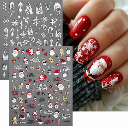 2pcs 5D Christmas Nail Stickers Waterfall Snowflakes Santa Claus Elk Gingerbread Nail Decals Embossed Winter Xmas Manicure Set