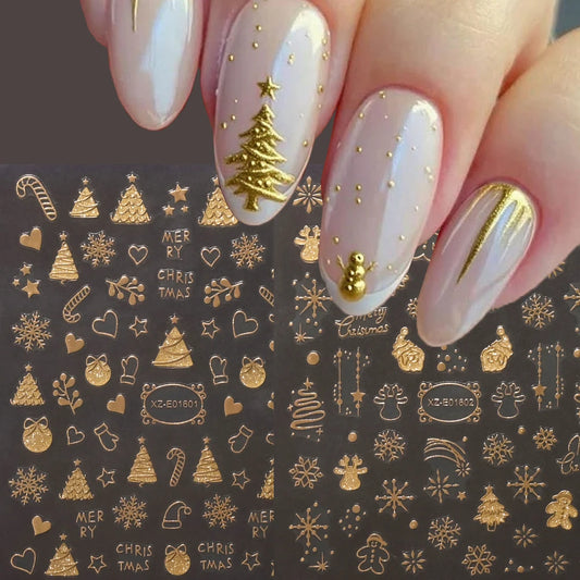 2pcs Gold 3D Christmas Nail Foil Stickers Sparkling Snowflake Christmas Tree Snow Globe Snowflake Nail Slider Xmas Nail Stickers