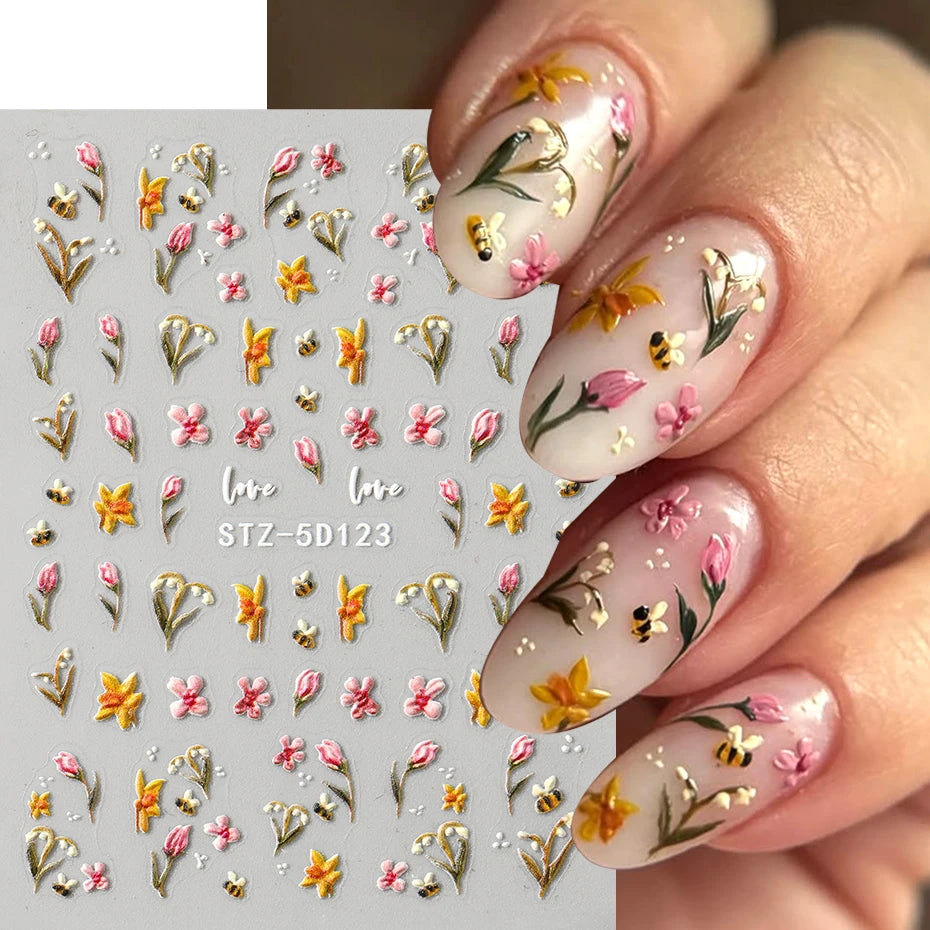 3D Embossed Kawaii Ladybug Sliders Spring White Daisy Flowers Nail Stickers DIY Simple Petals Wedding Nails Decals Accesories