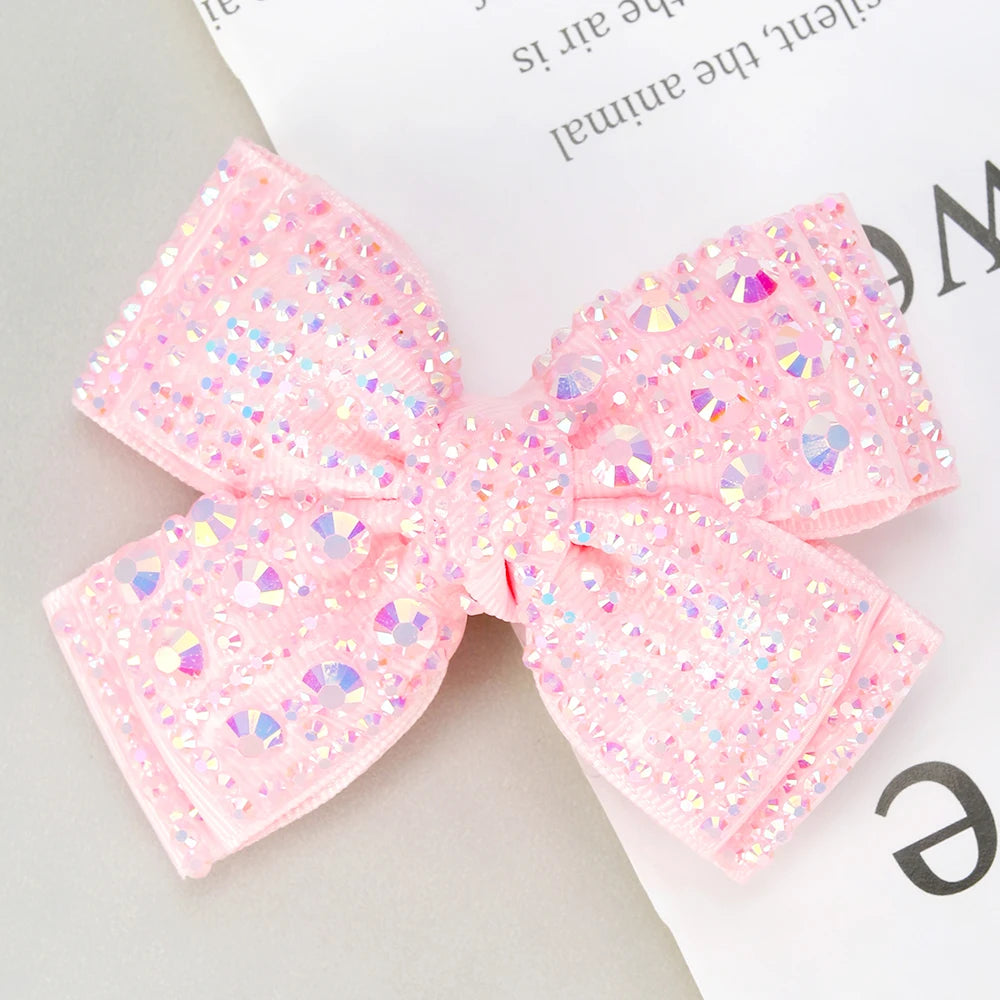 Rhinestone Bow Hair Clips Sweet Ribbon Barrette Baby Girls Sparkling Crystal Hairpins For Children Kids Headwear Accessories