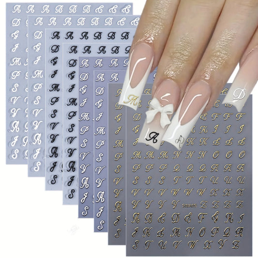 Retro English Letters Nail Stickers 4/8 Sheets 3D Self-Adhesive Nail Art Design Black White Gold Silver Nail Decals