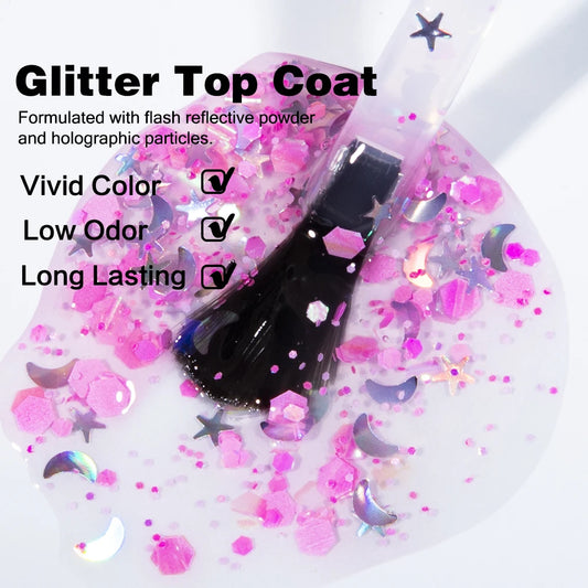 KODIES GEL Glitter Top Coat Gel Nail Polish 2 In 1 Semi Permanent UV Stars Moon Halo Top Coat No Wipe Manicure Nail Art Sealer