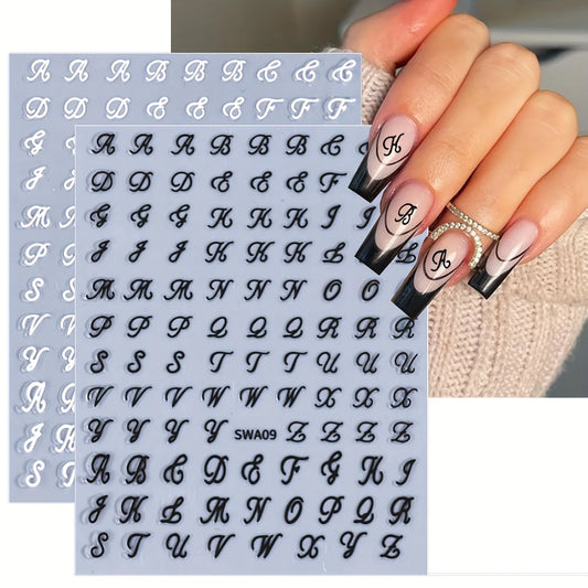 Retro English Letters Nail Stickers 4/8 Sheets 3D Self-Adhesive Nail Art Design Black White Gold Silver Nail Decals