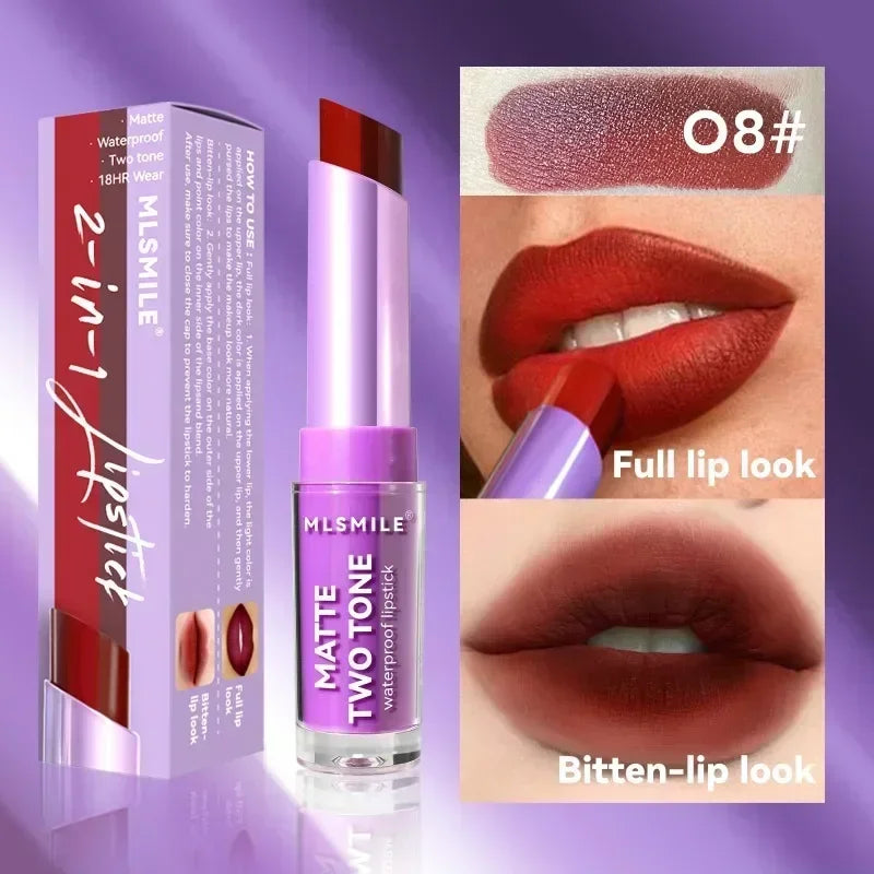 2 in 1 Matte Two Tone Waterproof Lipstick Long-lasting High-Pigment Color Lipliner Lipsticks Bitten-lip Gradual Change Lip Color