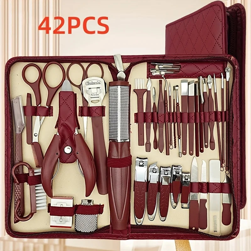 42pcs Professional Manicure & Pedicure Set | Stainless Steel Nail Clippers, Cuticle Nippers, Portable Travel Case, Beauty Tools