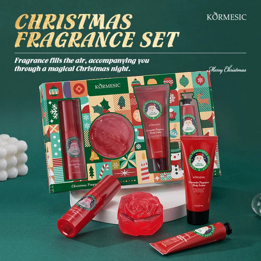 Luxurious complete Christmas gift box, 4-in-1 hand and body care set including moisturizer, body lotion, spray and soap bar