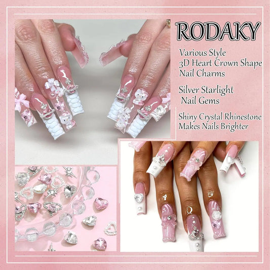 40PCS Pink Nail Charms 3D Heart Charms Valentine's Day Silver Starlight Nail Decorations Shiny Nail Gems Rhinestone Multi Style