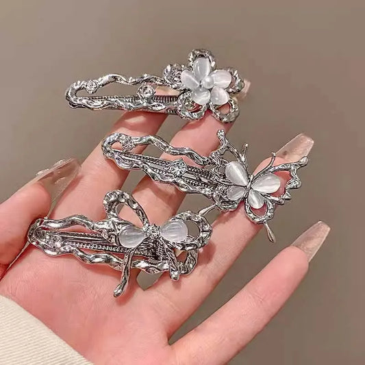 Y2K Irregular Liquid Metal Hairpin Butterfly Zircon Hair Clips Girl Fashion Silver Bang Clip For Women Hair Accessories