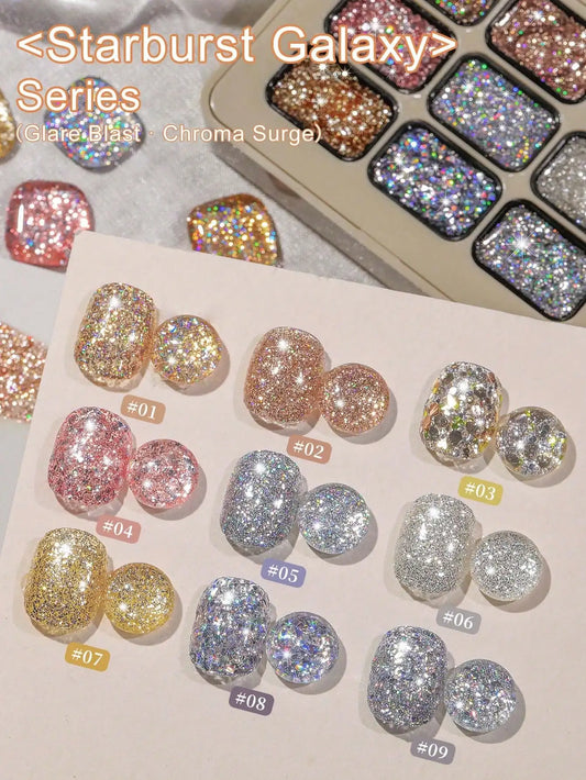 9 Colors Starburst Galaxy Series Glitter Solid Adhesive Gel Nail Polish Semi Permanent Soak Off UV LED For Nails Salon DIY