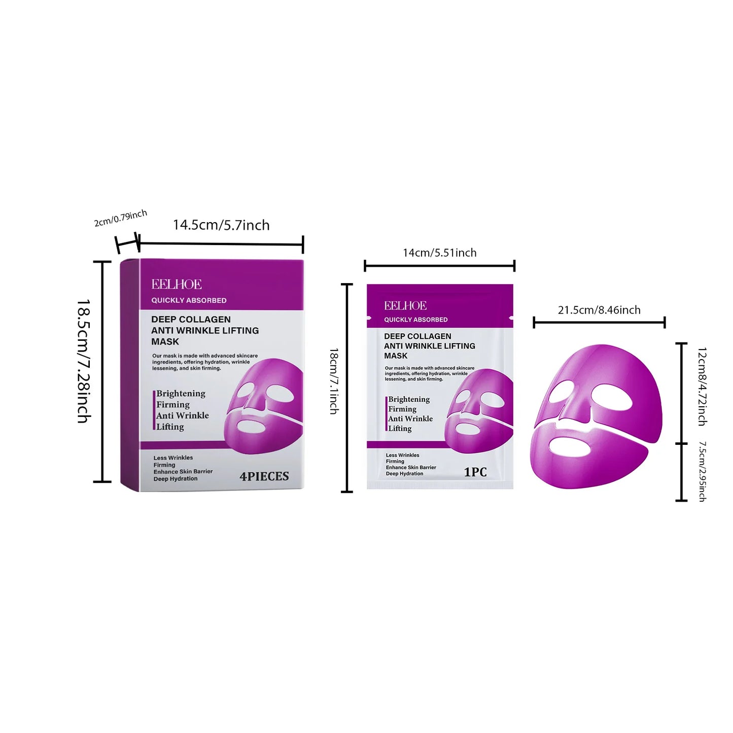 Eelhoe 4pcs Collagen Moisturizing Facial Mask Sheet Pore Minimizing Daily Hydrating Care Overnight Mask Bio Collagen Sheet Mask