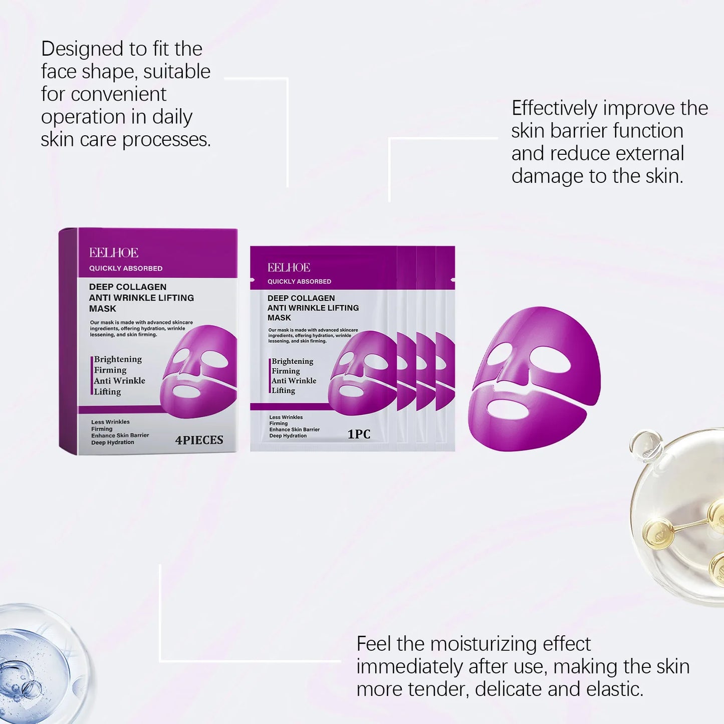 Eelhoe 4pcs Collagen Moisturizing Facial Mask Sheet Pore Minimizing Daily Hydrating Care Overnight Mask Bio Collagen Sheet Mask