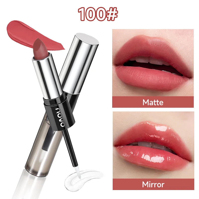 2 In 1 Dual Ended Moisturizing Lipstick & Lip Gloss,Waterproof Proof Lipstick Sealer,Matte & Mirror,Long Lasting,Non-Stick Cup