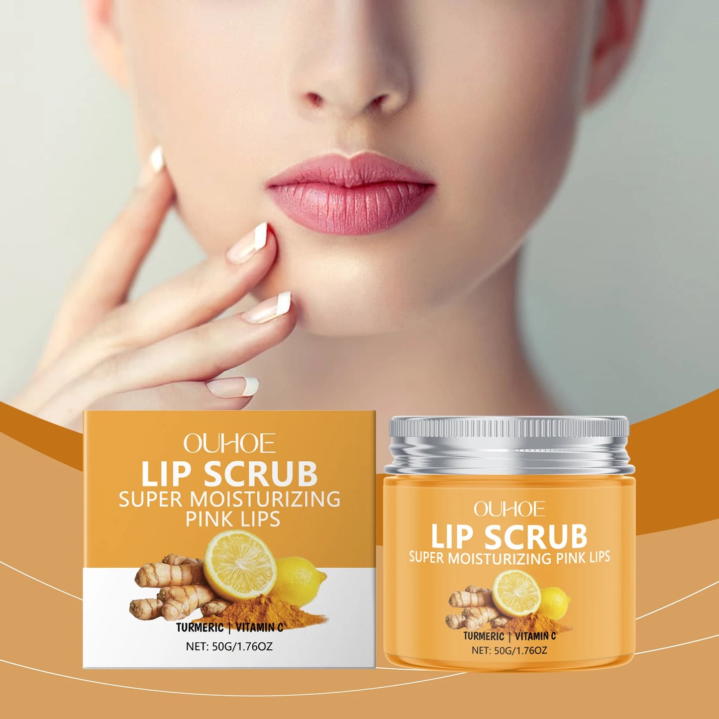 Ouhoe 50g Turmeric Lip Scrub Moisturizing Clean Dead Skin Exfoliating Plumping Lip Improve Dry Anti Crack Nourishing Lip Scrub