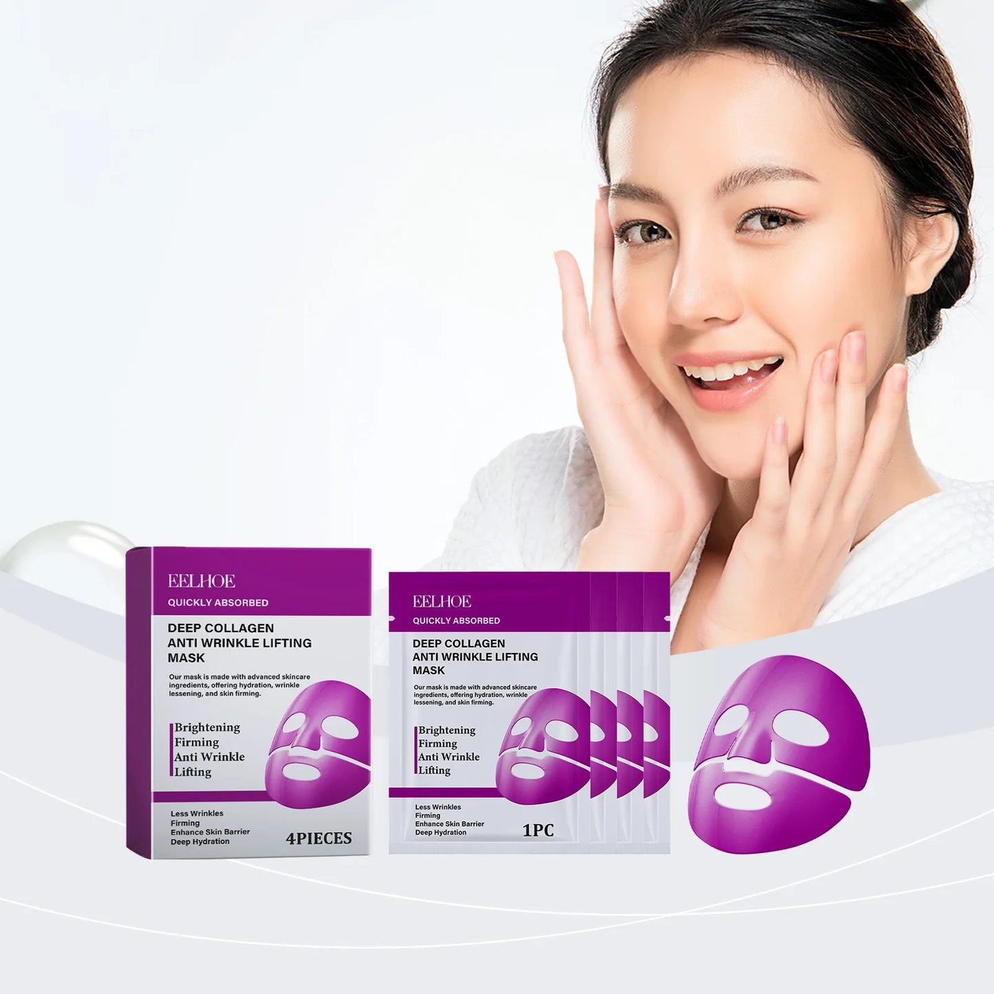 Eelhoe 4pcs Collagen Moisturizing Facial Mask Sheet Pore Minimizing Daily Hydrating Care Overnight Mask Bio Collagen Sheet Mask