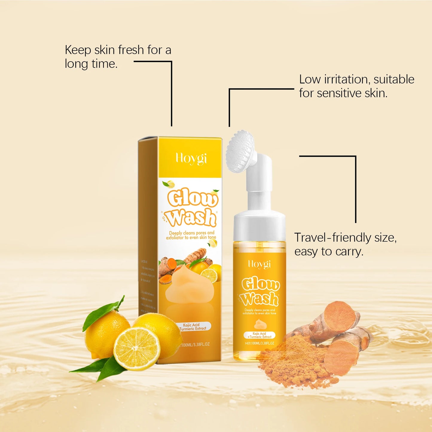 Hoygi 100ml Turmeric Face Wash Cleanser Clean Pores Glow Skin Care Hydrating Oil Control Remove Blackhead Exfoliating Cleanser