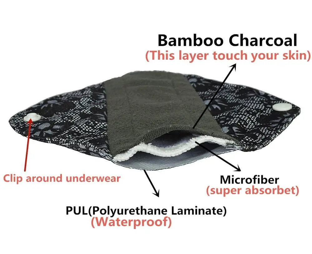 【Sigzagor】5+1 Set Long Panty Liners Cloth Menstrual Pads  RANDOM Prints Bamboo Charcoal Sanitary Washable Reusable Light Flow